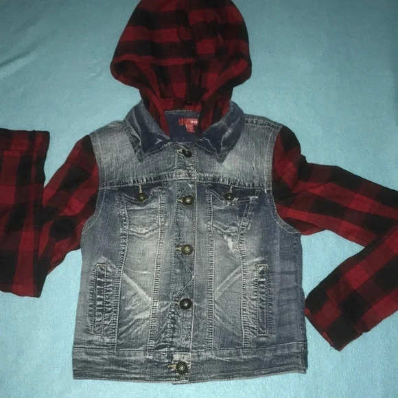 𝅺BONGO denim and plaid button up jacket with detachable hood Y2K size M - Picture 1 of 10